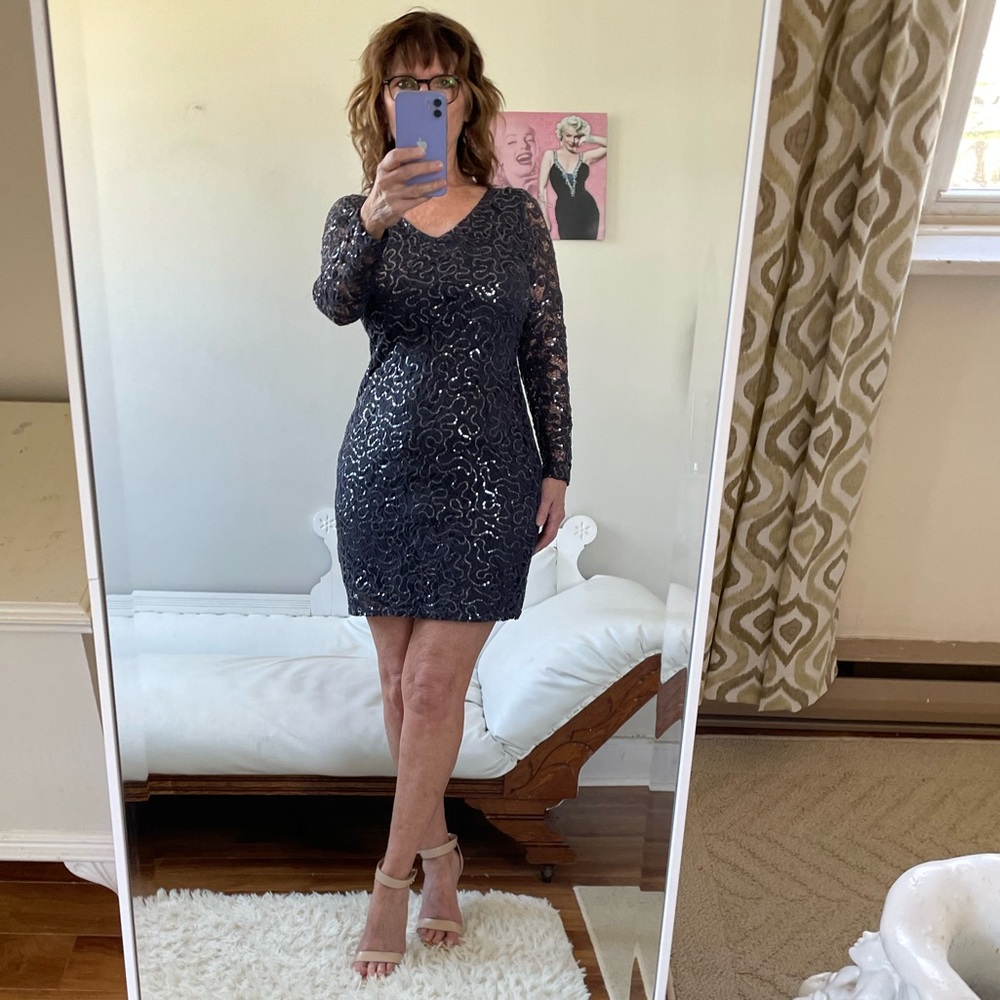 GREY LONG SLEEVE V NECK CLEAR SEQUIN DRESS ZIPPER LINED PEEK A BOO BACK